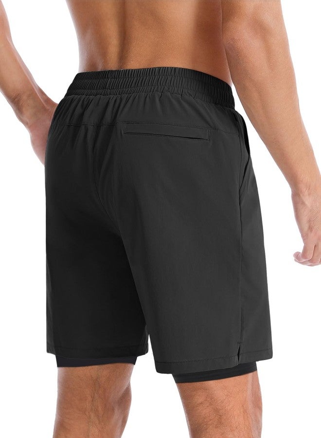 Aolesy Men’s 2 in 1 Running Shorts 7 Inch Quick Dry Workout Gym Shorts with Pockets Tennis Training Athletic Shorts with Liner for Men Black - Image 3